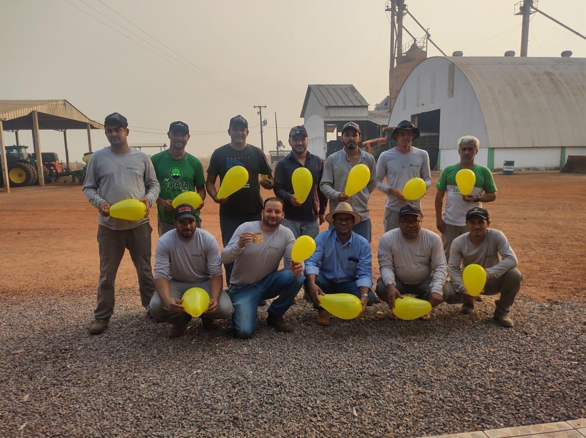 Um grupo de colaboradores do Grupo Hervalense está posando ao ar livre com balões amarelos em mãos, em frente a um ambiente industrial. Todos estão usando capacetes e roupas de trabalho, participando da Campanha Setembro Amarelo, que visa conscientizar sobre a saúde mental.