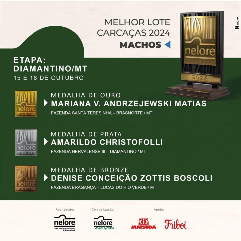 Imagem apresentando o nome dos vencedores da etapa Diamantino/MT do Circuito Nelore de Qualidade 2024 na categoria Machos. Medalha de Ouro: Mariana V. Andrzejewski Matias, Fazenda Santa Teresinha, Brasnorte/MT. Medalha de Prata: Amarildo Christofolli, Fazenda Hervalense III, Diamantino/MT. Medalha de Bronze: Denise Conceição Zottis Boscoli, Fazenda Bragança, Lucas do Rio Verde/MT. Evento realizado em parceria com Matsuda e Friboi.