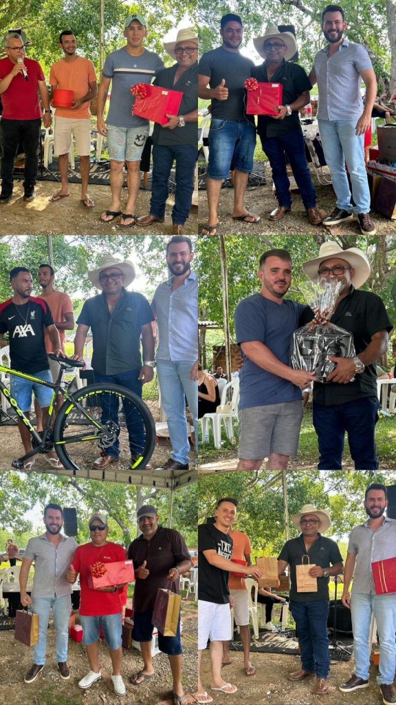 Sequência de fotos com vencedores de sorteios segurando presentes e prêmios. Destaque para uma bicicleta sorteada e diversos pacotes de brindes vermelhos e dourados entregues aos colaboradores. Todos posam sorridentes, reforçando a atmosfera de celebração.