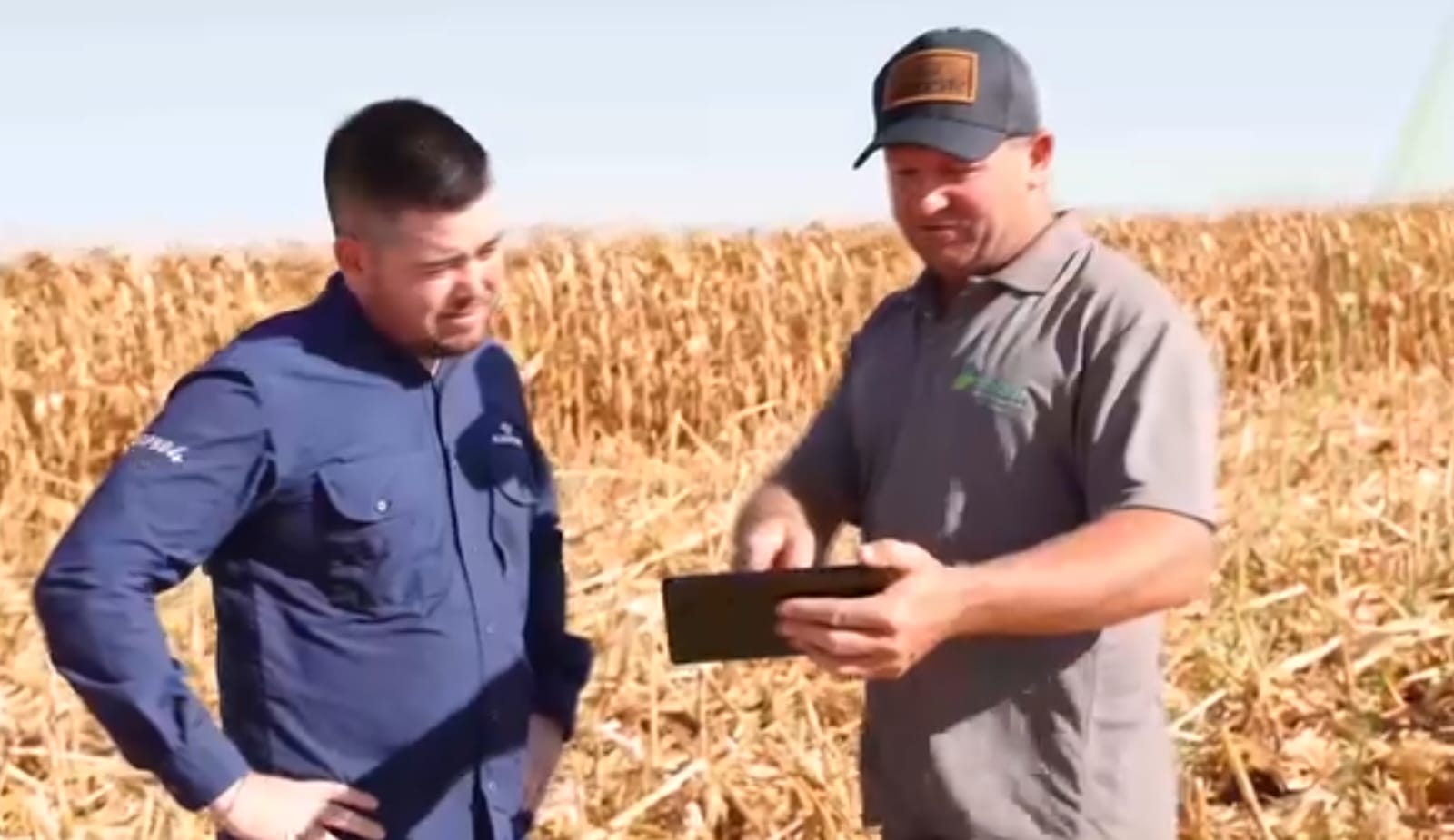 Dois profissionais do Grupo Hervalense utilizando tablet para analisar dados da agricultura digital em uma lavoura de milho